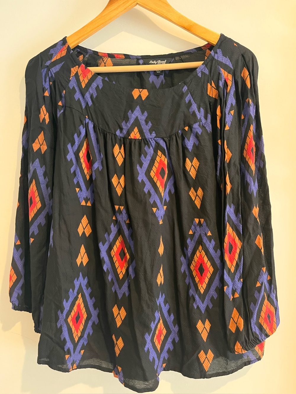 Lucky Brand Southwestern Print Tunic Top MEDIUM Boho Black Tan Purple Artsy